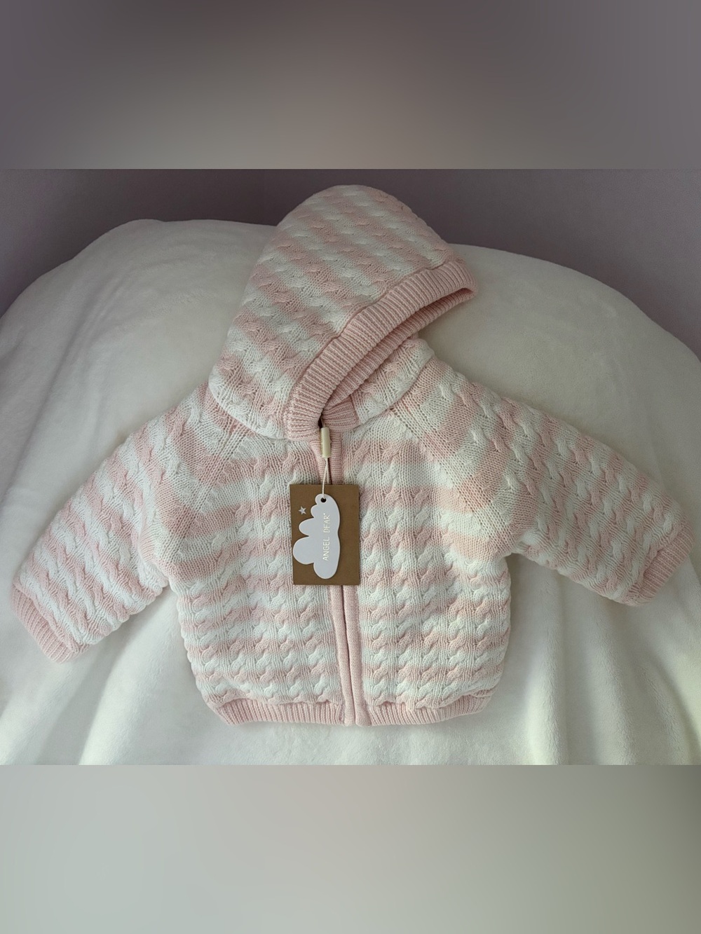 Angel Dear Baby Hooded Knit Jacket in Light Pink & White. New! Size 6-12months.